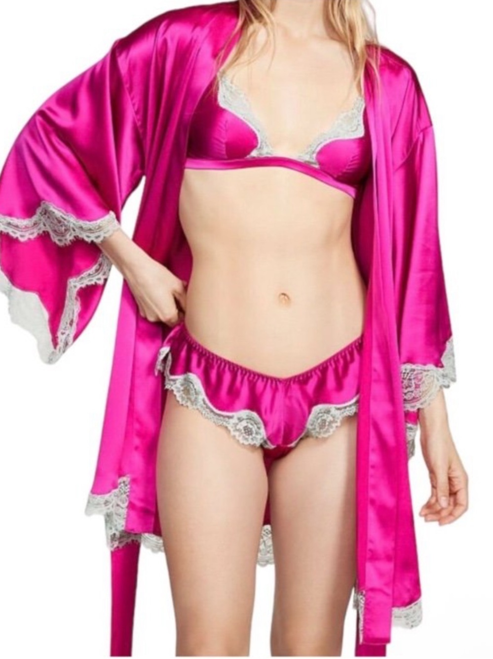 Victoria's Secret Hot Pink Silk Lace-Trim 3-Piece Set